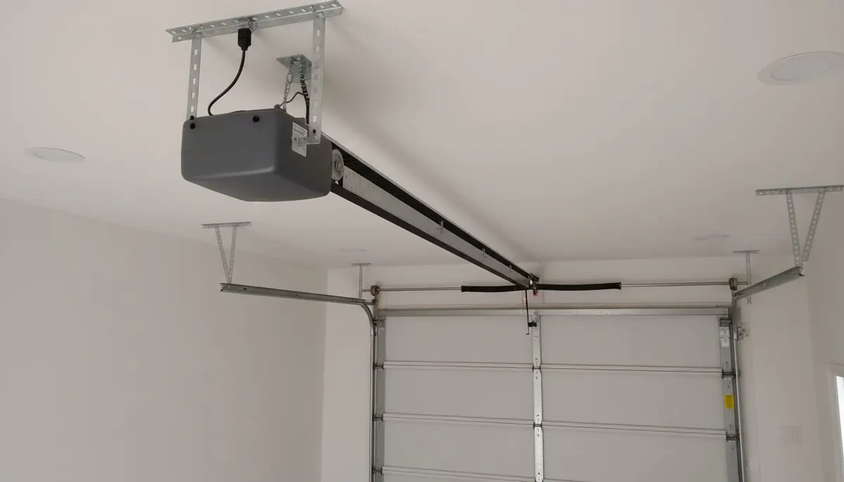 Belt drive opener rail running along a garage ceiling toward the door header
