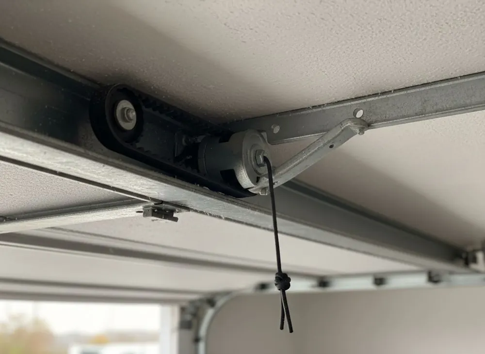 Close view of a rubber drive belt and trolley on an opener rail