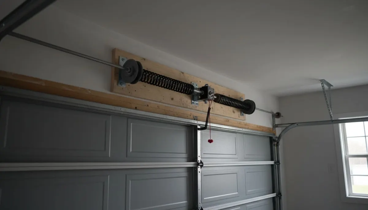 Two torsion springs on a shaft above a closed steel garage door