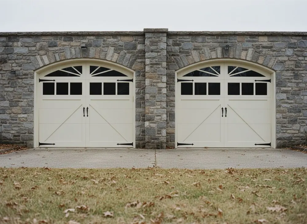 Two single carriage style garage doors with arched windows on a stone garage