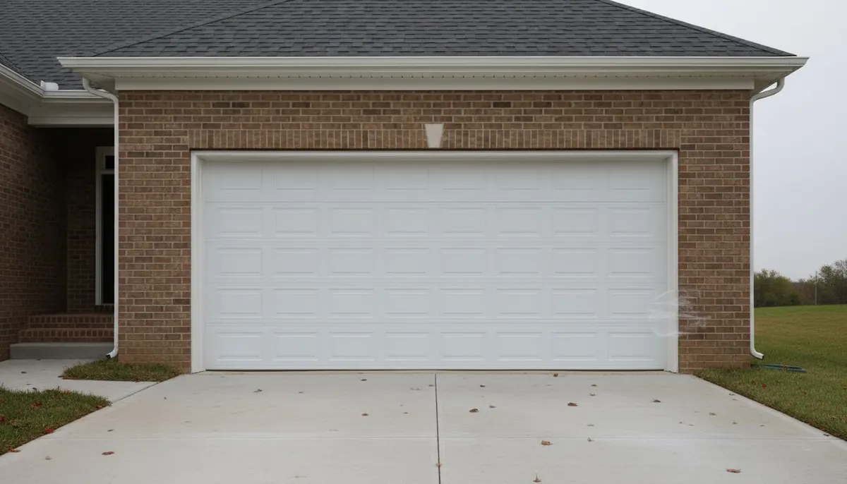 Freshly installed white insulated steel door on a two-car garage
