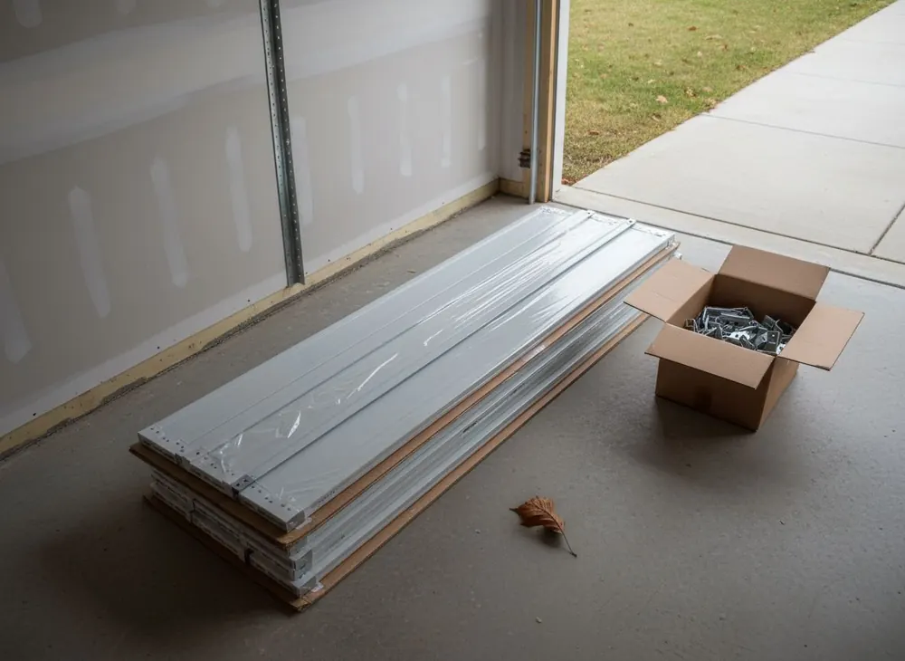 Sections of a new garage door stacked beside the track before hanging