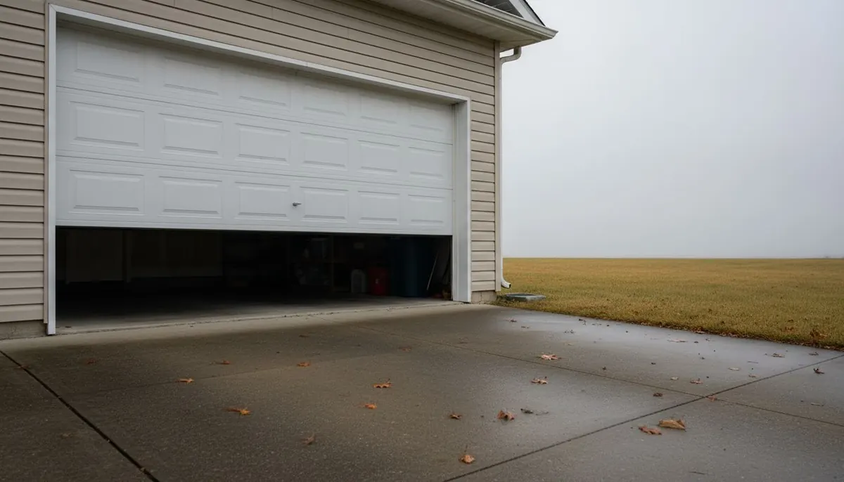 A steel sectional garage door stopped partway down in a two-car garage