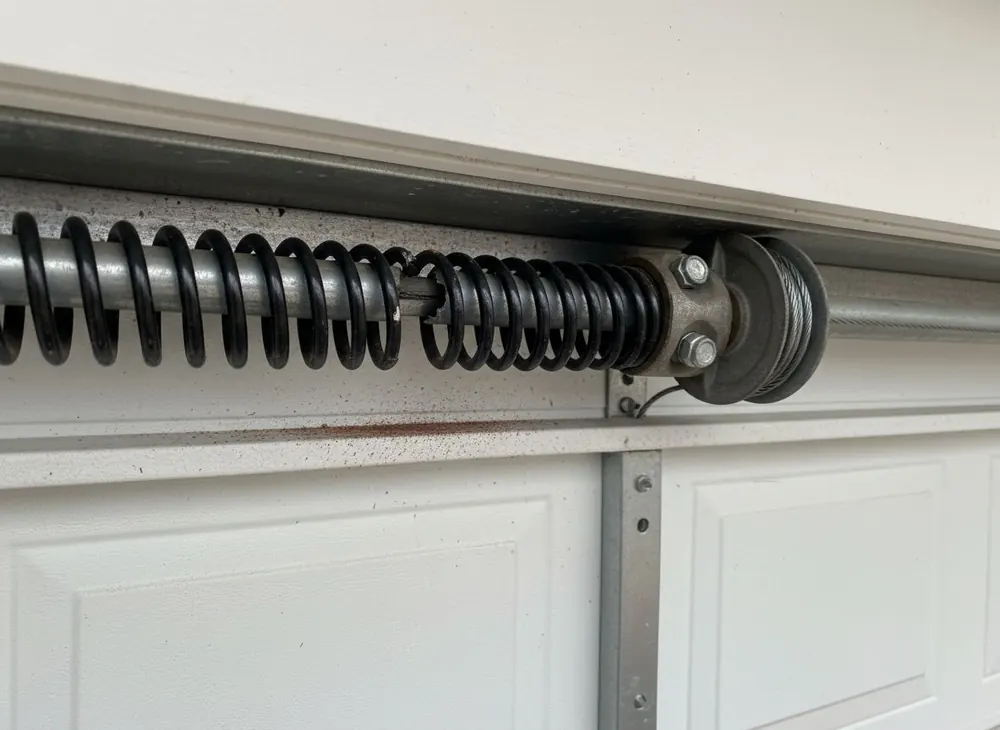 A broken torsion spring with a visible gap in the coil above a closed garage door