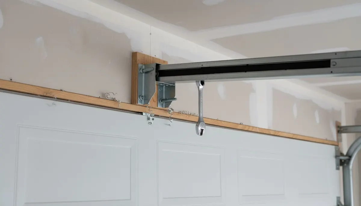 A new belt drive opener rail mounted to the header above a sectional door