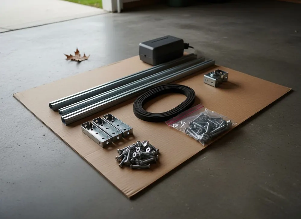 Motor head, rail sections and hardware bag laid out on a garage floor before fitting