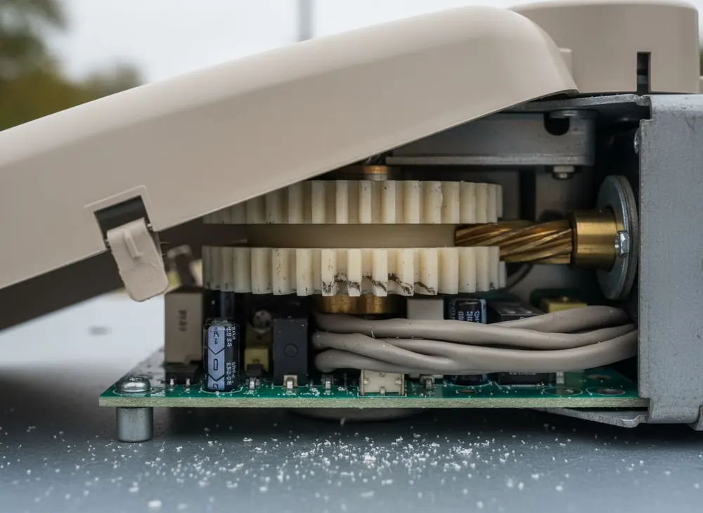 Open motor head cover showing the drive gear and circuit board of a garage door opener