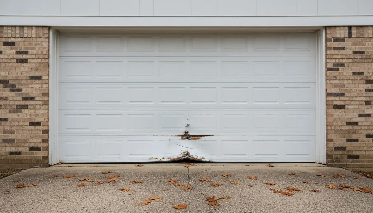 Dented bottom section of a white steel garage door with the lower panel creased inward