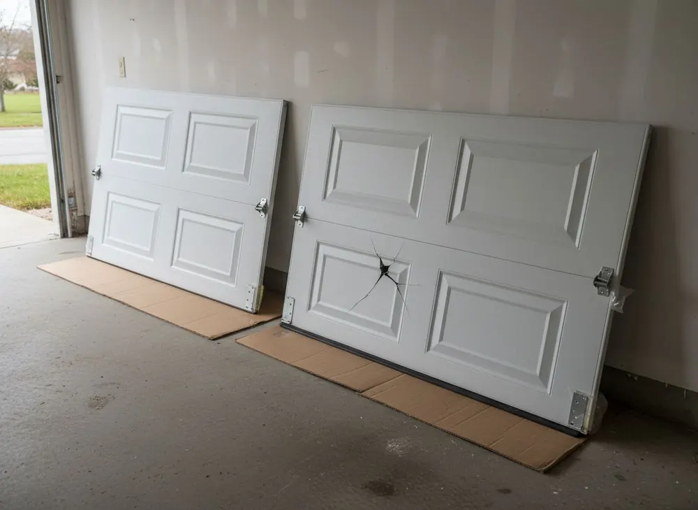 New raised panel garage door section leaning against a garage wall beside the old damaged one