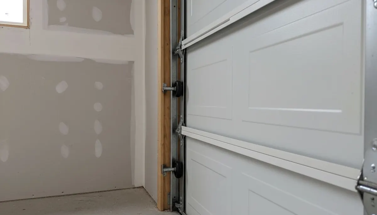 Row of nylon garage door rollers seated in steel track along a sectional door edge