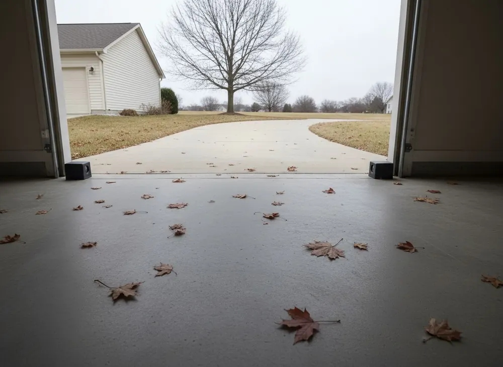 Two garage door safety sensors facing each other across a concrete garage floor