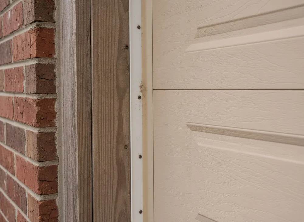 Vinyl stop molding with a flexible flap along a garage door jamb