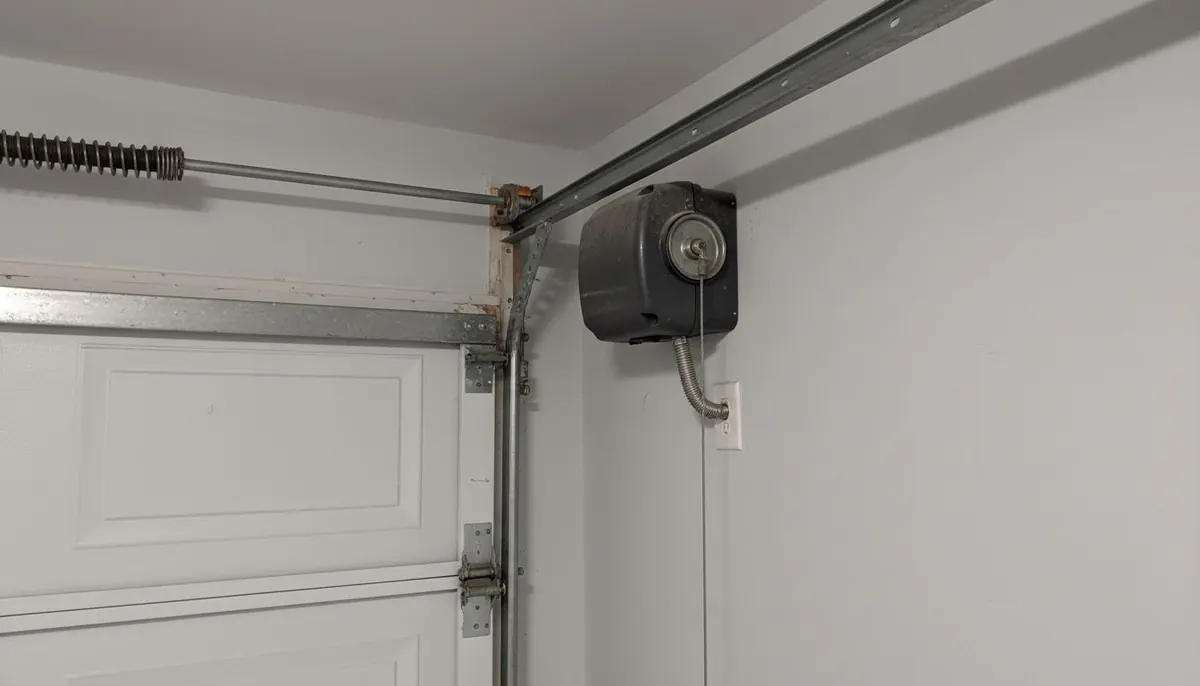 Wall mounted jackshaft opener bolted beside a garage door torsion shaft