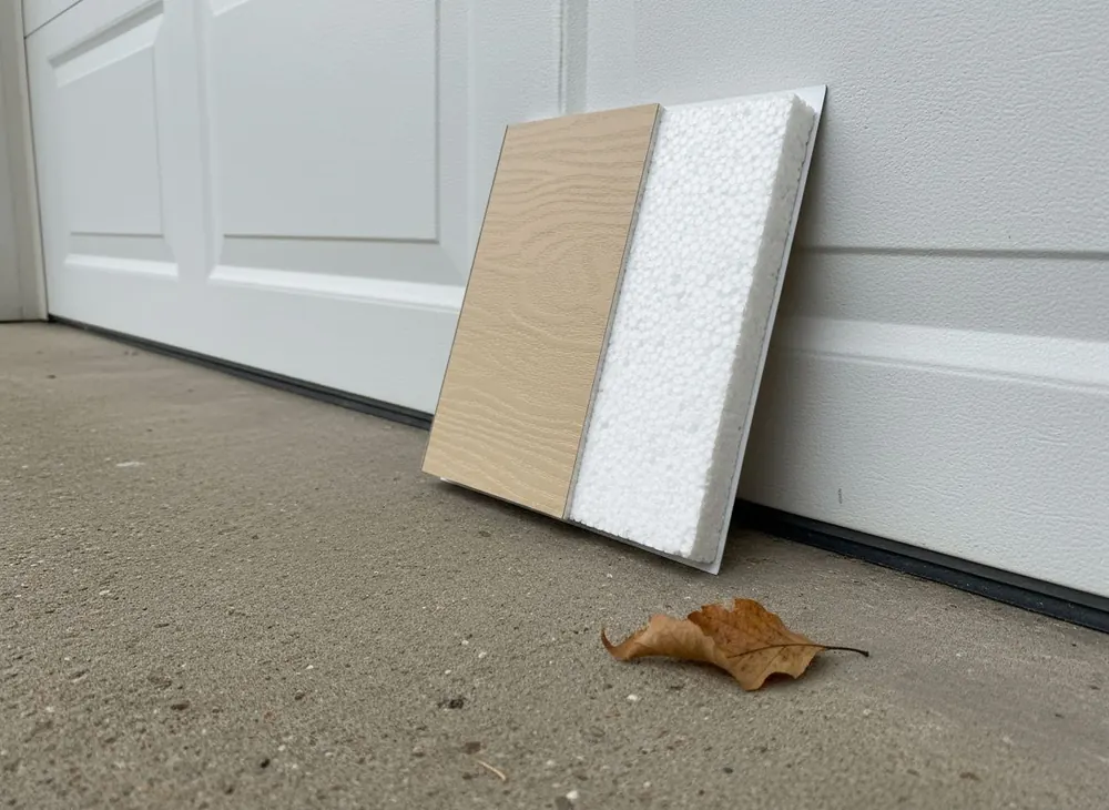 Cross section of an insulated door panel showing foam between two steel skins