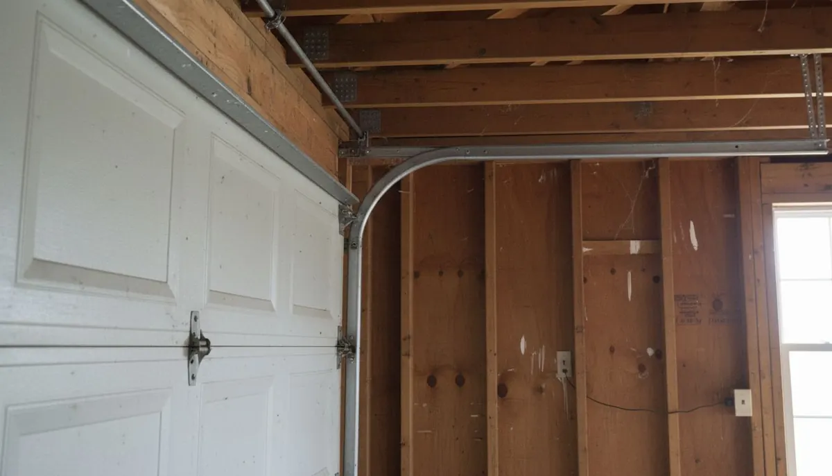 Vertical and curved garage door track with rollers seated inside it