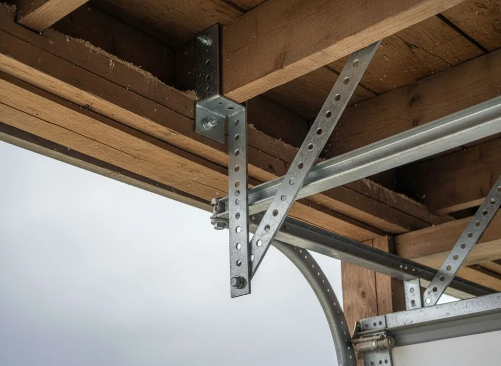 Horizontal track hanger bolted to a garage ceiling joist