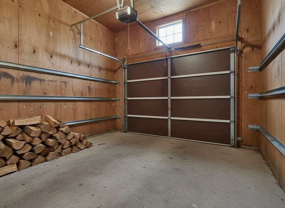 Garage interior with a new opener rail mounted above a closed sectional door