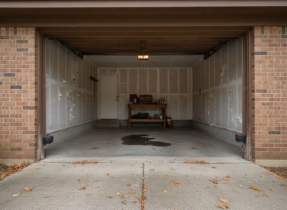 Two photo eye sensors facing each other across the bottom of a garage door opening