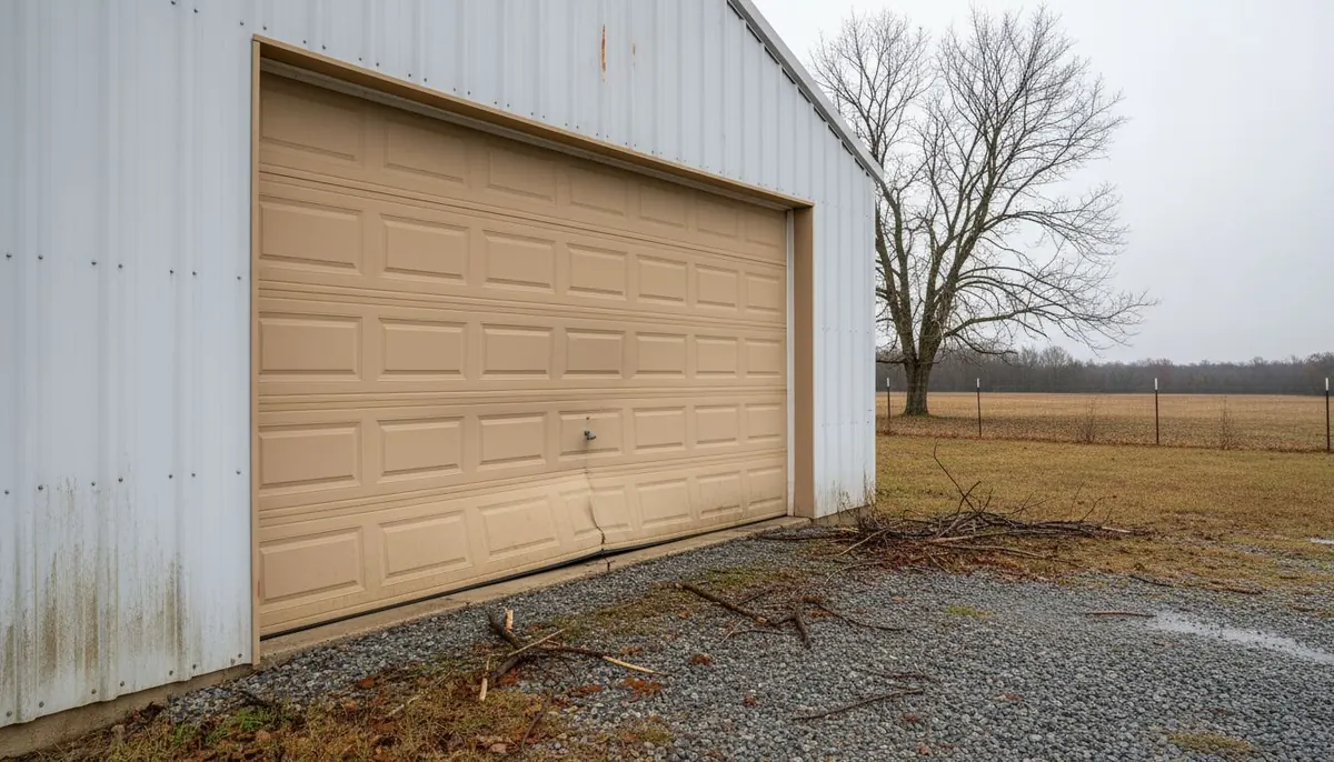 Steel garage door with one bottom section bowed inward and creased