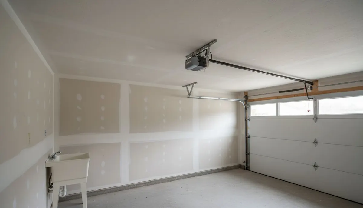 Chain drive garage door opener mounted to a garage ceiling with its rail