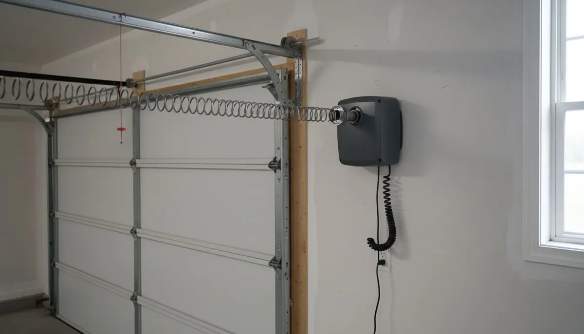 A compact wall mount opener fixed beside the torsion shaft at the end of a garage door