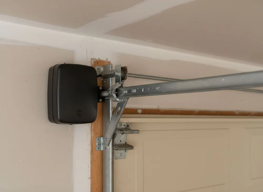 A wall mount opener fitted at the end of the torsion shaft beside the door track